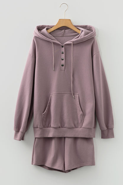 Valerian Button Drawstring Hooded Pullover and Casual Short Set