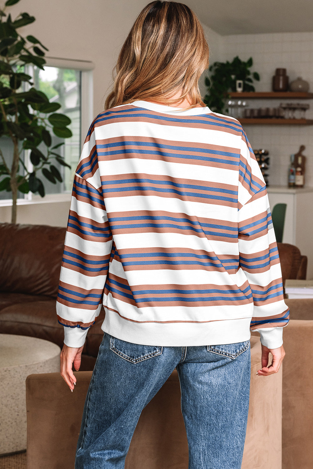 Brown Stripe Crew Neck Drop Shoulder Pullover Sweatshirt