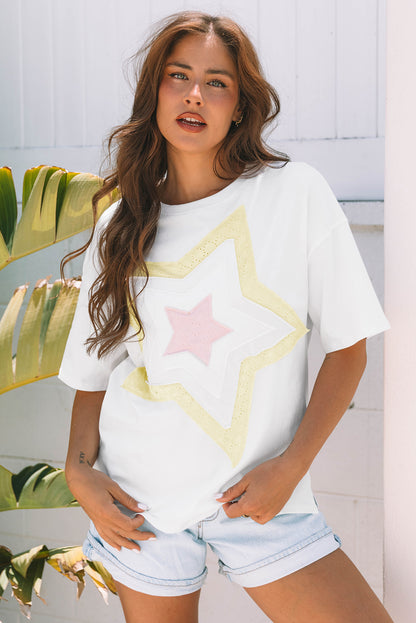 White Star Layered Patched Graphic Drop Shoulder Half Sleeve Loose Tee