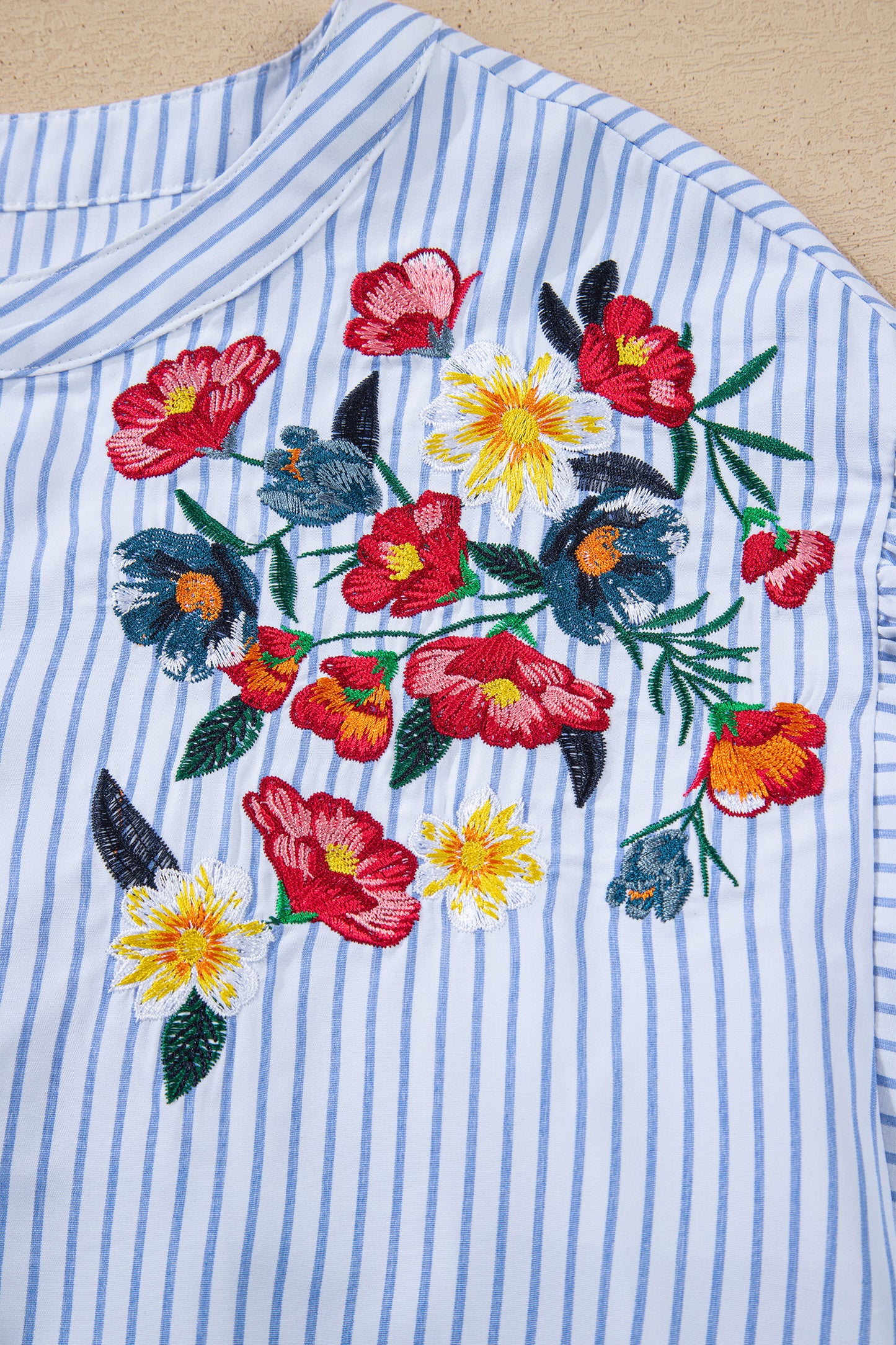 Sky Blue Stripe Floral Embroidered Billowy Sleeve Tunic Baggy Shirt