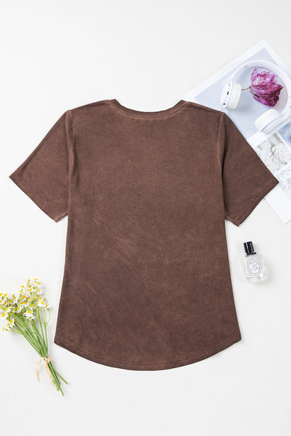 Chestnut Mineral Wash Criss Cross V Neck Casual T Shirt