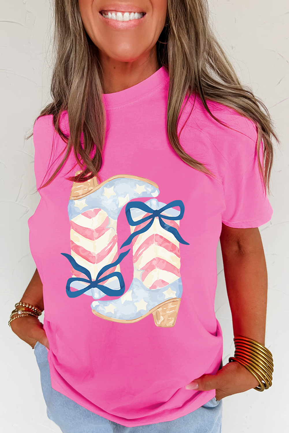 Sachet Pink Flag Pattern Boots Bow Accent Casual Graphic Tee