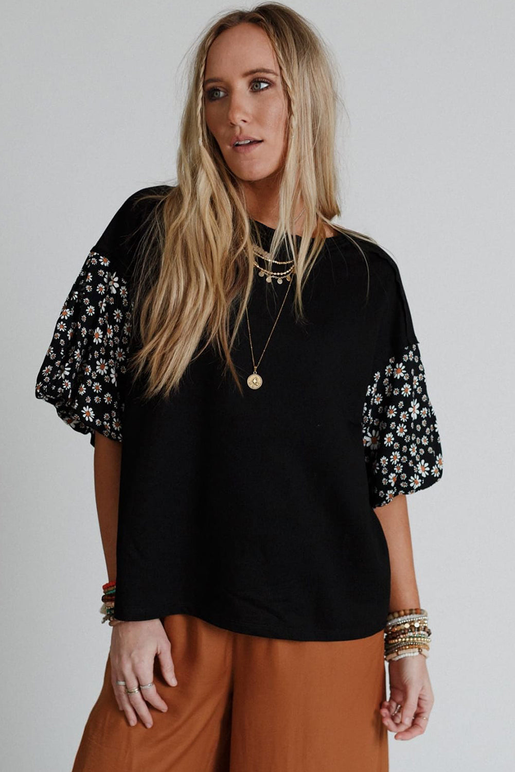 Black Contrast Floral Puff Sleeve Oversized Top