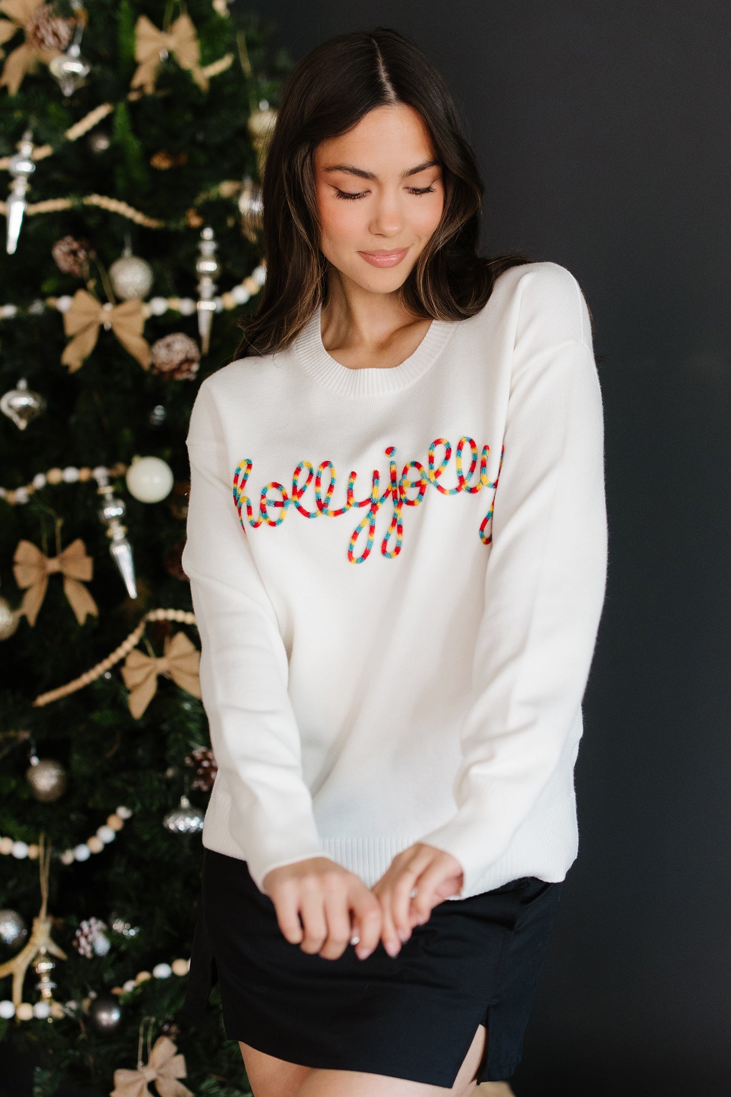 Beige Colorful Holly Jolly Christmas Knit Loose Sweater