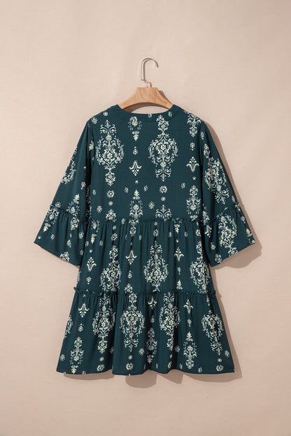 Sky Blue Boho Floral Print Lettuce Trim 3/4 Sleeve Mini Dress