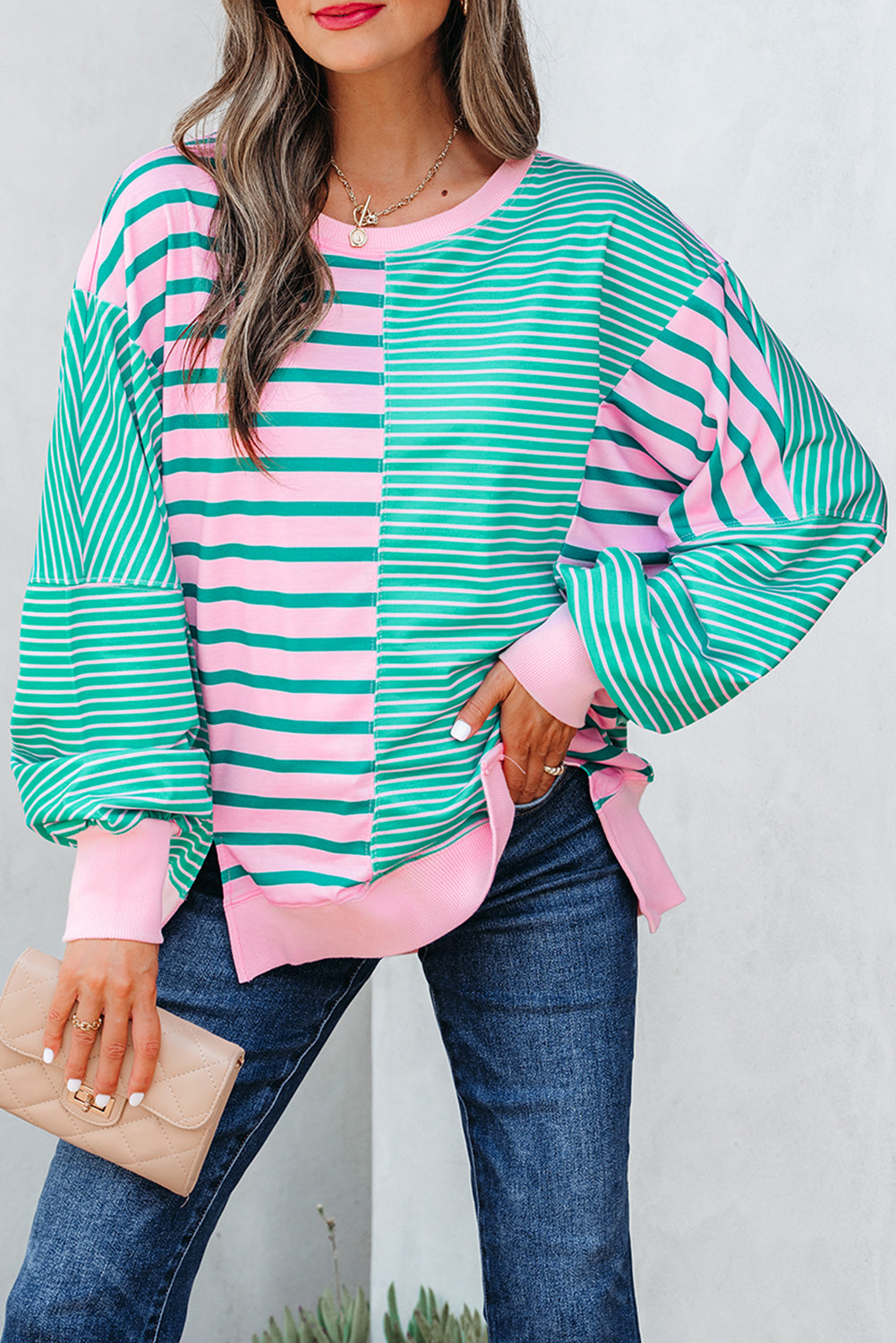 Green Stripe Mix Pattern Color Block Patchwork Side Slit Baggy Sweatshirt