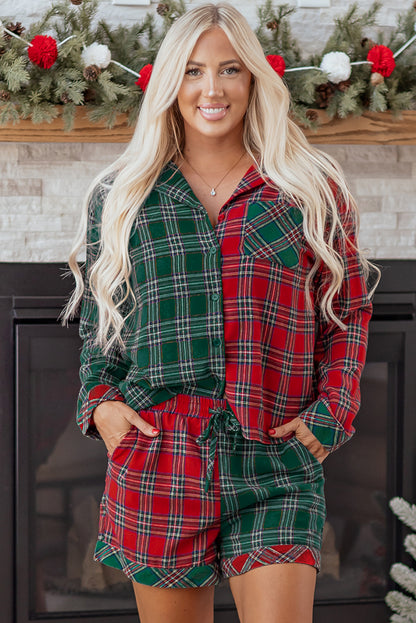 Green Plaid Contrast Patched Christmas Holiday Long Sleeve Shirt and Short 2pcs Pajama Set