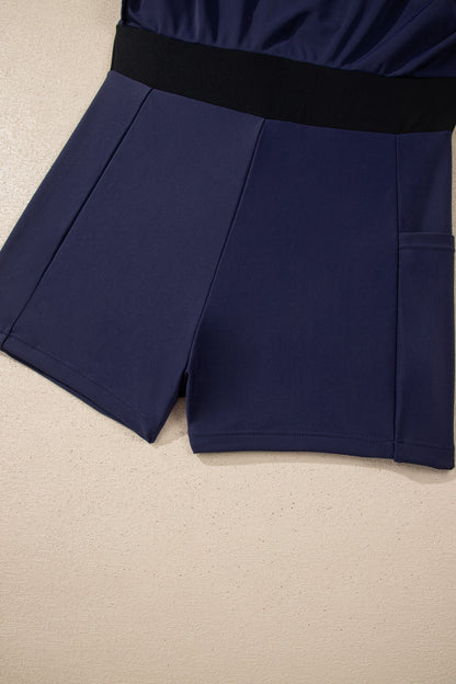 Navy Blue Contrast Edge Ruffled High Waist One Piece Swim Dress