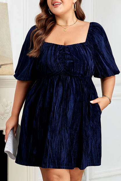 Navy Blue Velvet Ruched Bust Square Neck Short Puff Sleeve Plus Dress