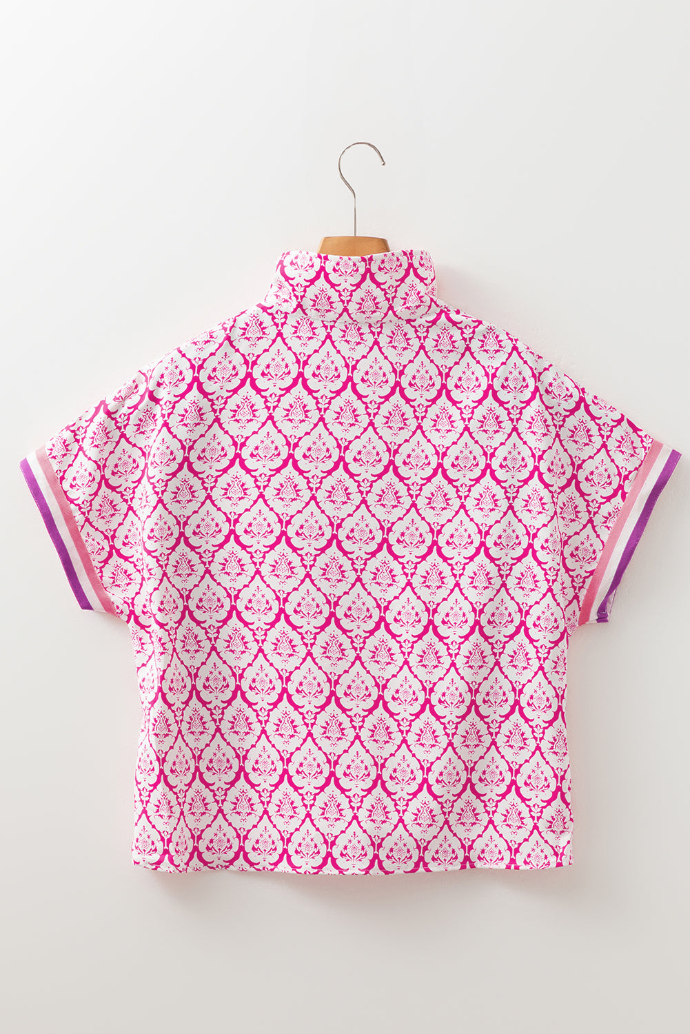 Pink Western Print Zipped Collar Short Sleeve Summer Blouse Top