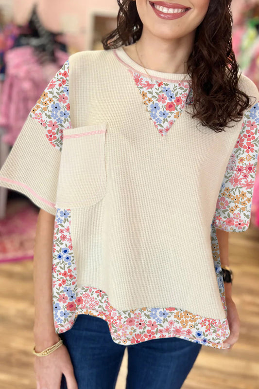 Beige Floral Patchwork Chest Pocket Wide Sleeve Waffle T Shirt