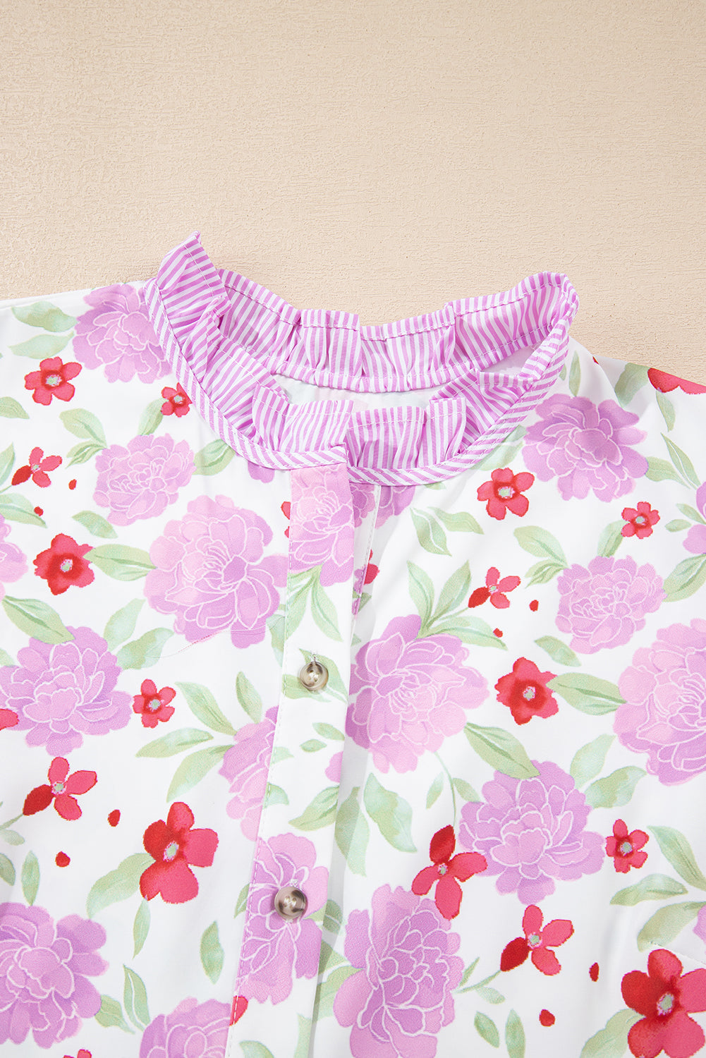 Pink Floral Print Striped Trim Frilled Neck 3/4 Sleeve Flared Mini Dress