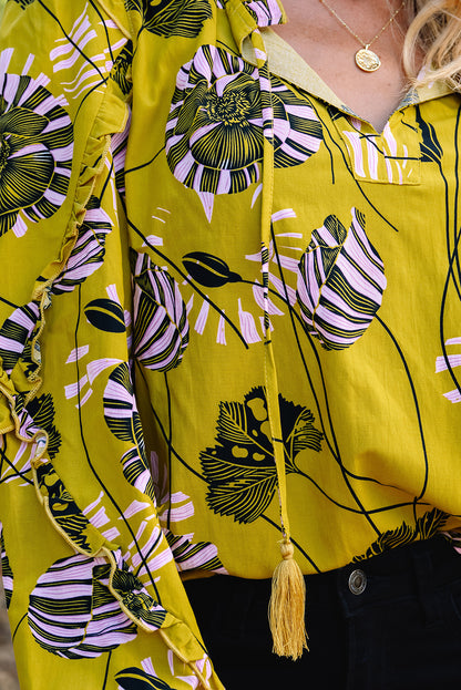 Yellow Vintage Floral V Neck Ruffle Trim Long Sleeve Blouse