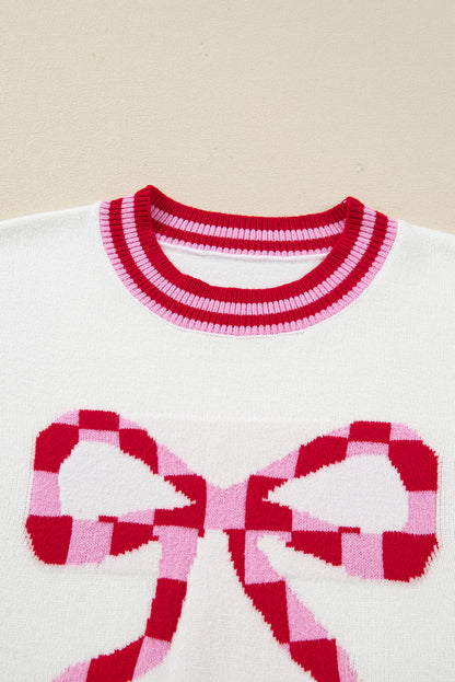 White Striped Trim Bow Graphic Round Neck Drop Shoulder Sweater