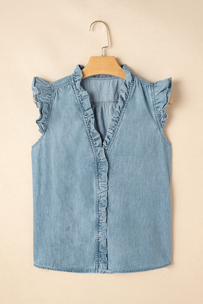 Beau Blue Frilly Ruffle Trim V Neck Chambray Tank Top