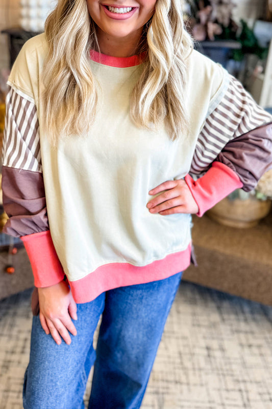 White Color Block Striped Patchwork Dolman Slit Sweatshirt