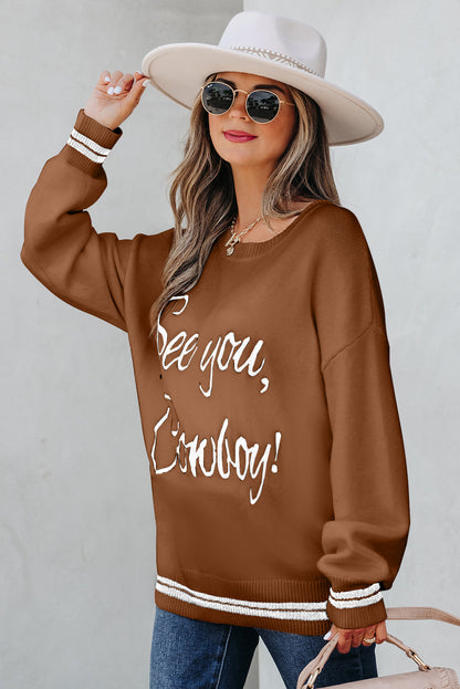 Peach Blossom See You Cowboy Embroidered Western Graphic Sweater