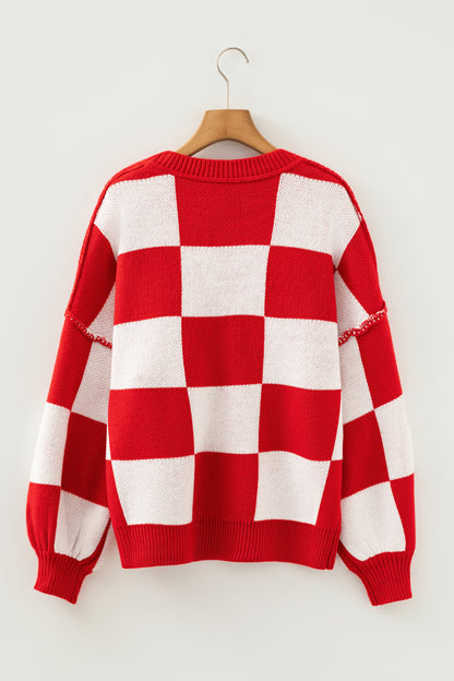 Green Checkered Bishop Sleeve Sweater