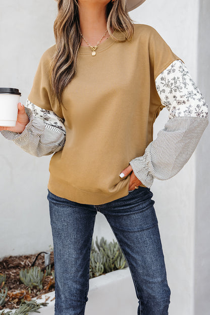 Camel Floral Striped Patchwork Ruffled Sleeve Crew Neck Sweatshirt