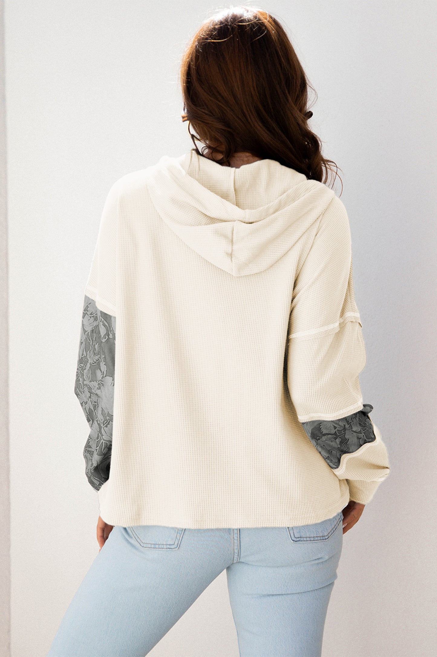 White Waffle Printed Patchwork Drawstring Hooded Long Sleeve Top