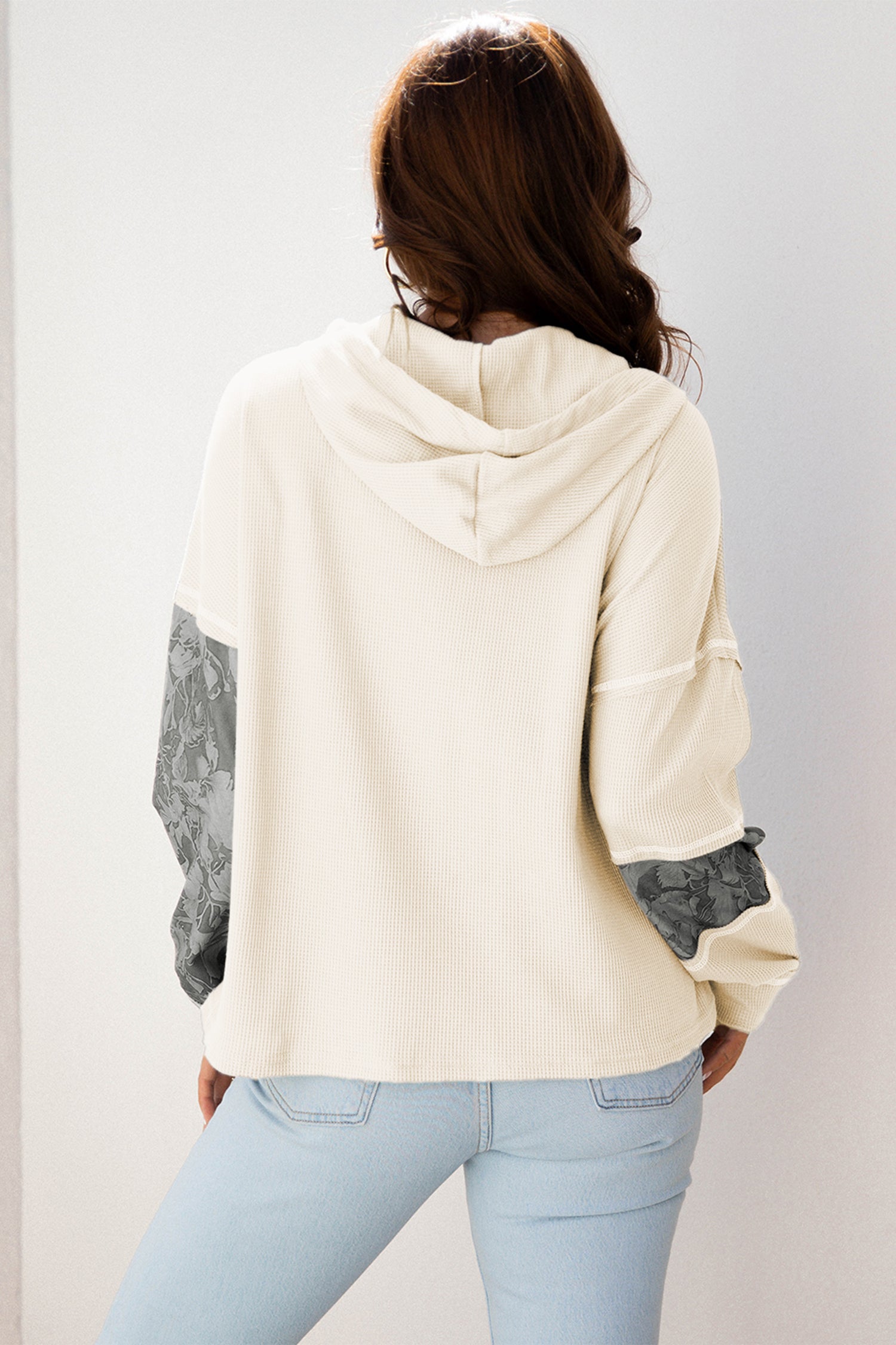 White Waffle Printed Patchwork Drawstring Hooded Long Sleeve Top