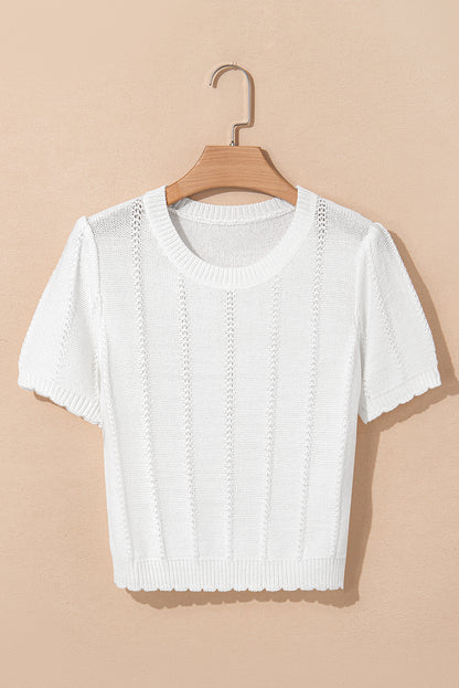 White Pointelle Knit Short Puff Sleeve Crewneck Sweater