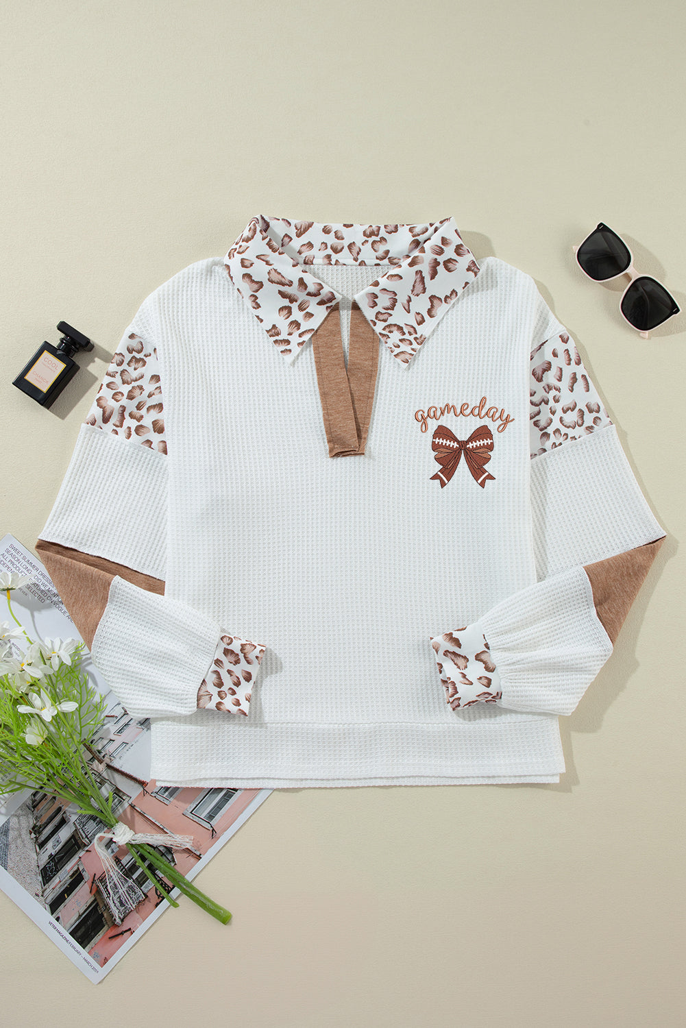 White game day Rugby Bow Embroidered Graphic Leopard Collar Color Block Patchwork Top