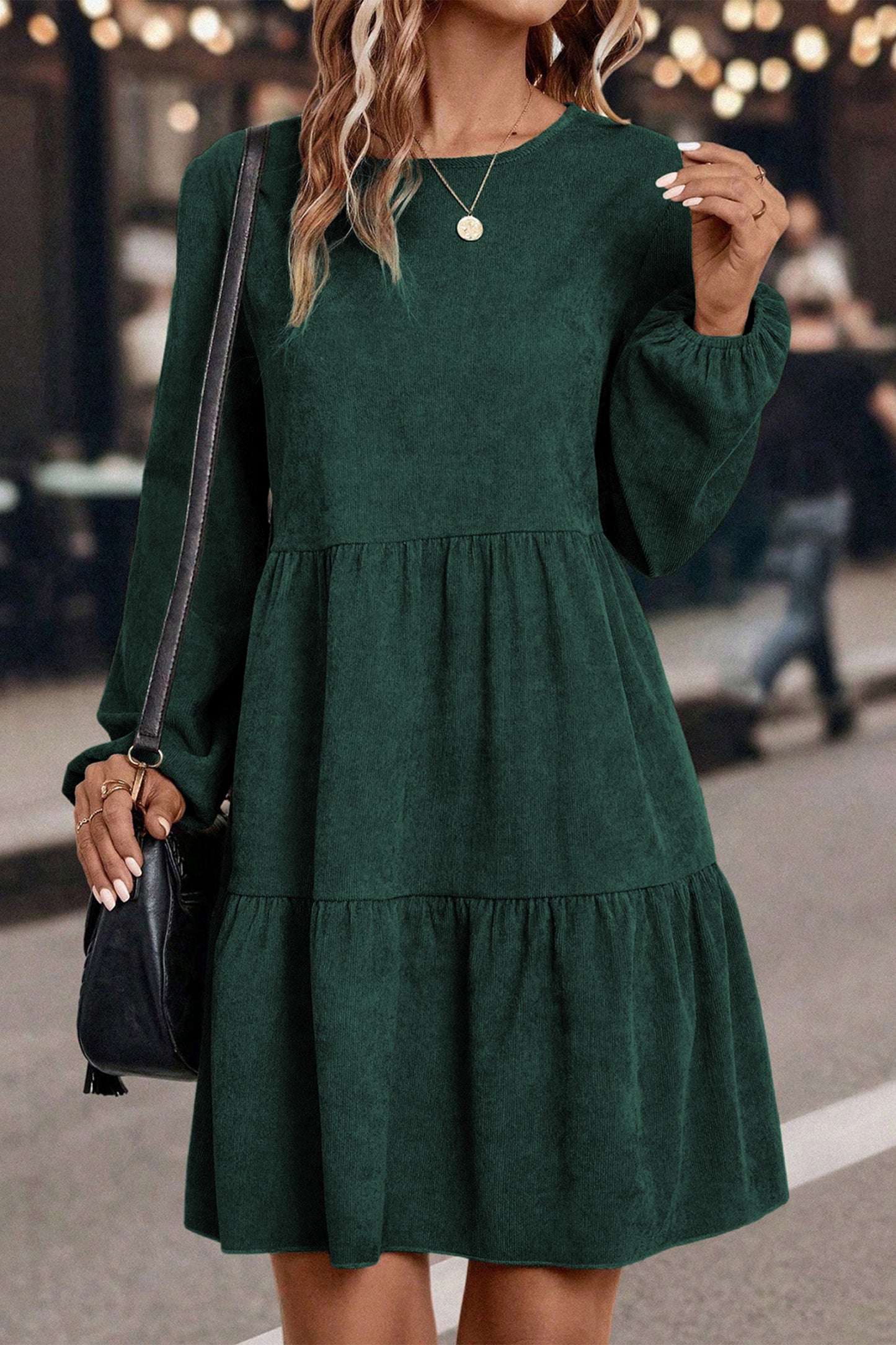 Mist Green Lantern Sleeve Tiered Mini Dress