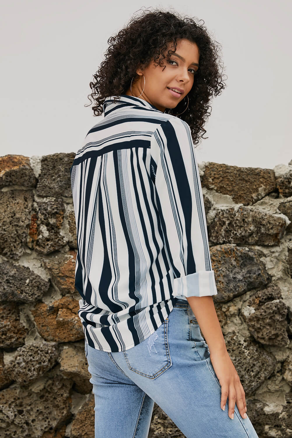 White Navy Striped Modern Women Shirt