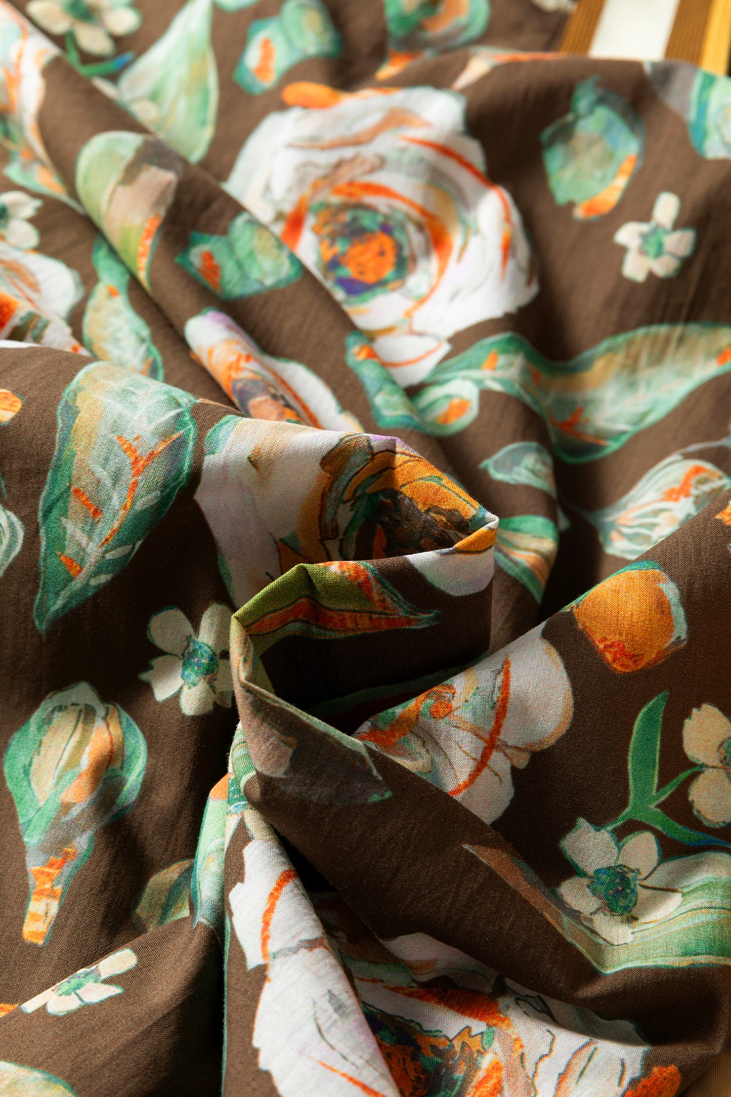 Brown Floral Print Contrast Trim V Neck Pocketed Long Sleeve Mini Dress