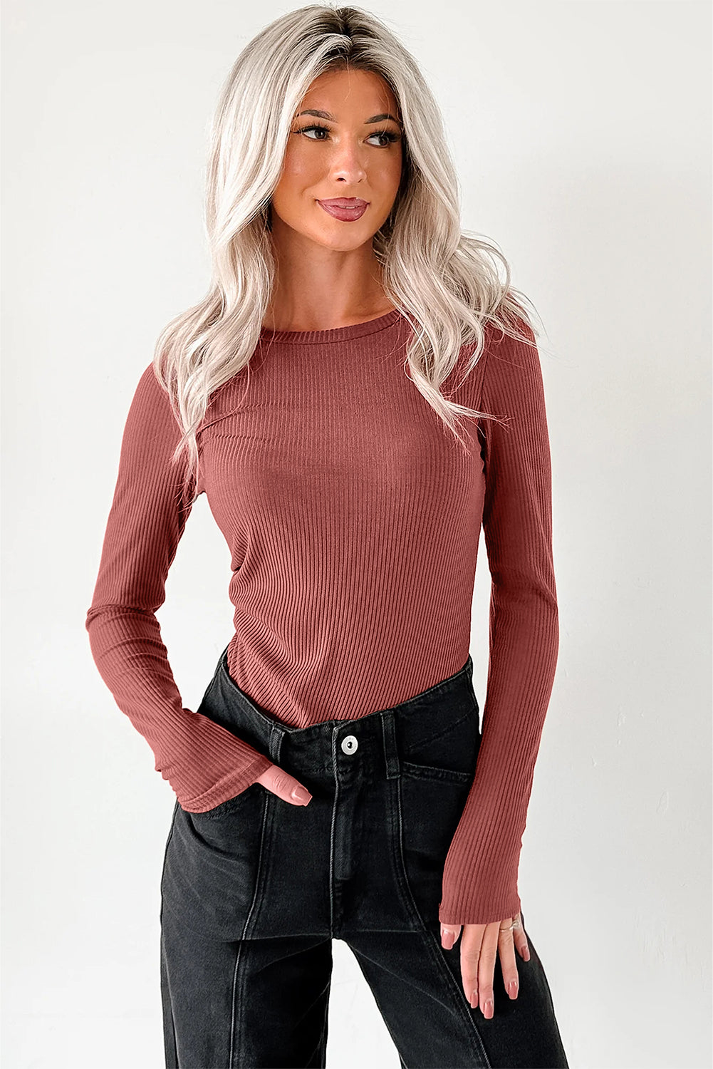 Mineral Red Ribbed Long Sleeve Crew Neck Solid Color Bodysuit