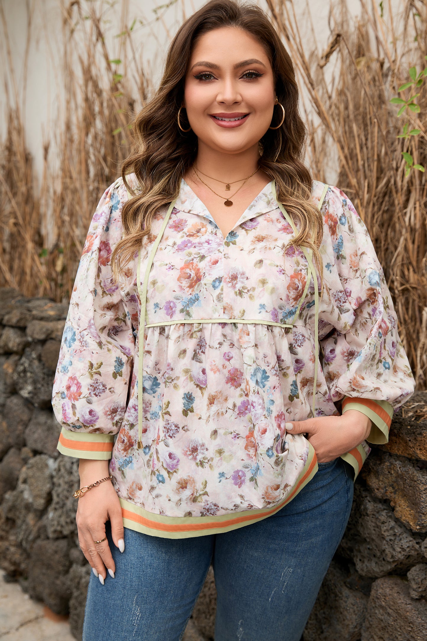 Black Plus Size Floral Print Contrast Trim Striped Detail Babydoll Blouse