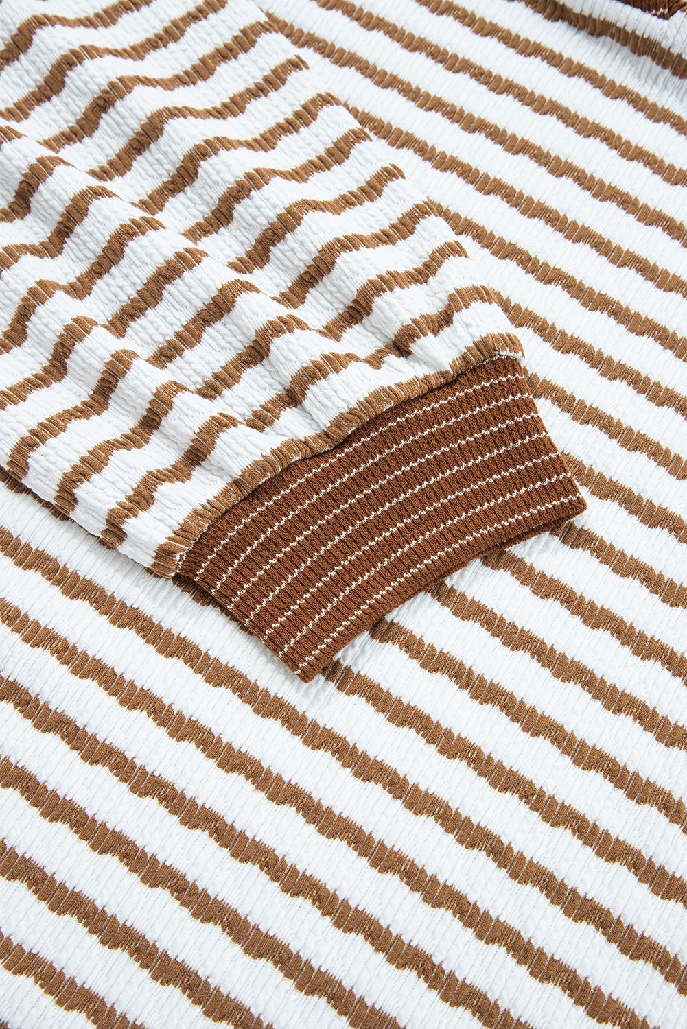 Khaki Stripe Plus Size Collared V Neck Loose Pullover Drawstring Elastic Waist Wide Leg Pant Set