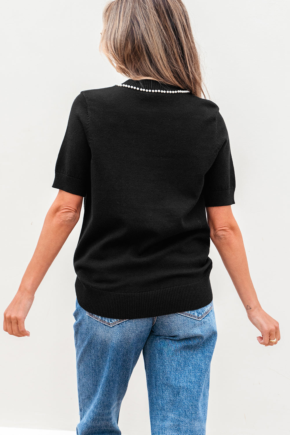 Black Pearl Bow Necklace Embellished Short Sleeve Knitted T Shirt