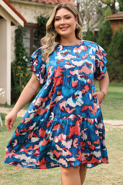 Blue Abstract Print Shirred Ruffled Short Sleeve Tiered Plus Size Mini Dress