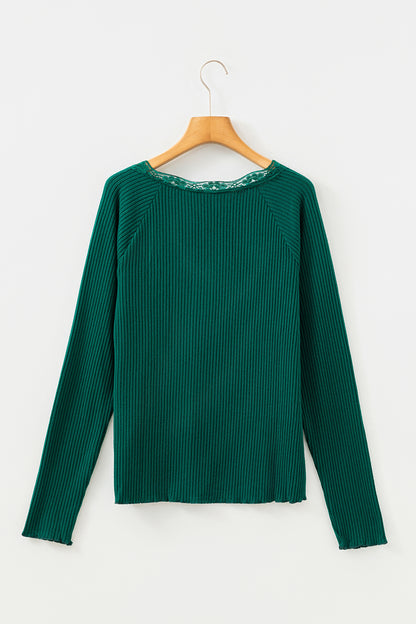 Beige Lace Neckline Button Decor Lettuce Edge Long Sleeve Ribbed Top