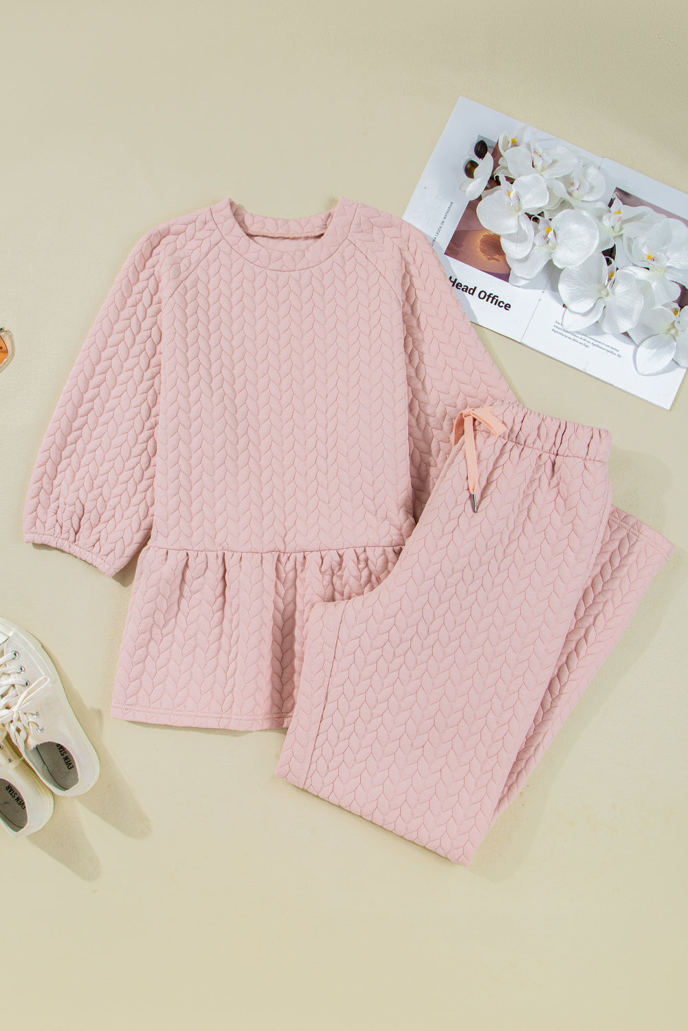 Delicacy Braided Texture Ruffle Hem Top Drawstring Loose Pants Set