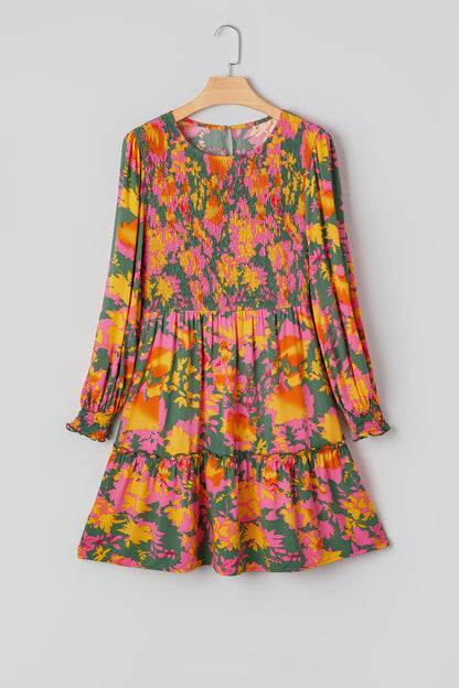 Multicolour Floral Print Long Sleeve Smocked Ruffled Mini Dress