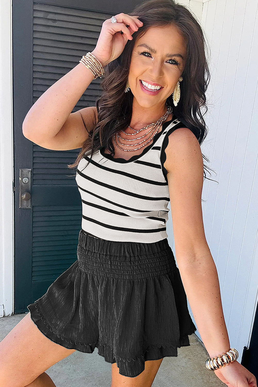 Black Striped Scalloped Edge U Neck Sleeveless Sweater Vest