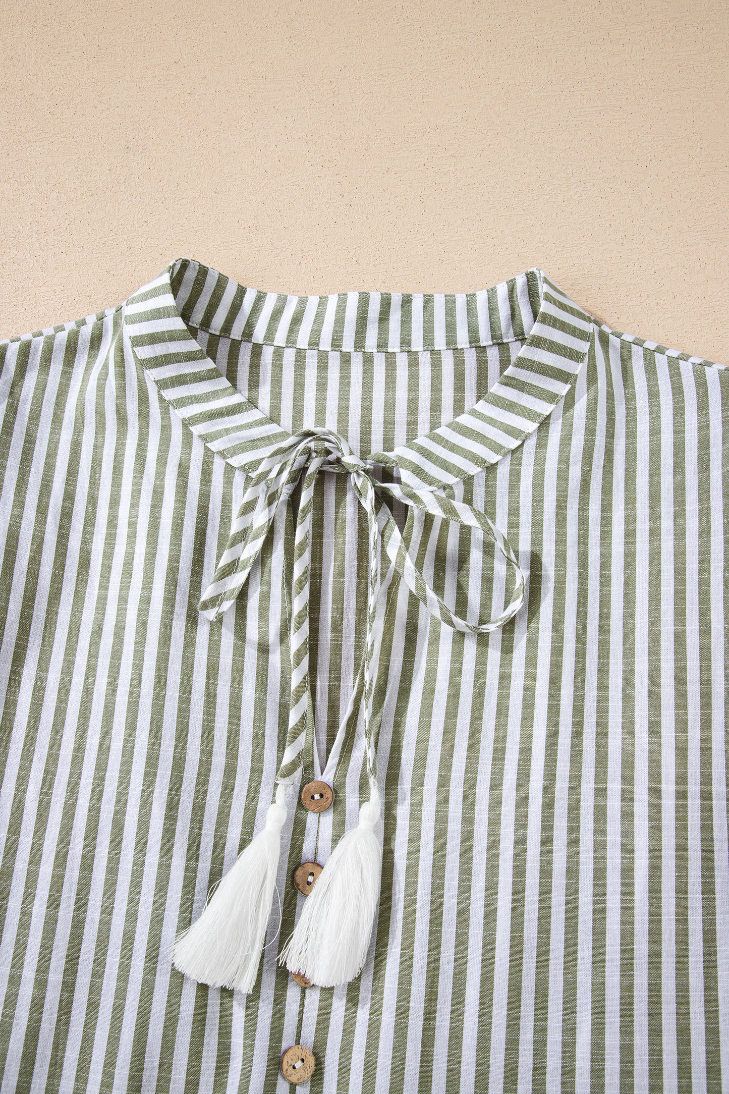 Green Stripe Tasseled Tie Neck Ruffled Short Sleeve Tiered Flattering Dress