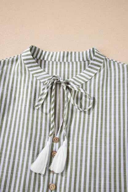 Green Stripe Tasseled Tie Neck Ruffled Short Sleeve Tiered Flattering Dress