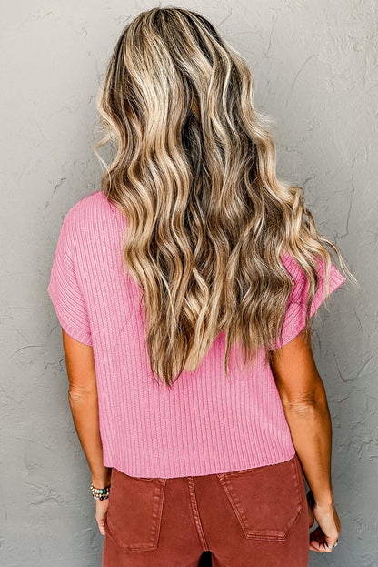 Dark Blue Patch Pocket Ribbed Knit Short Sleeve Sweater