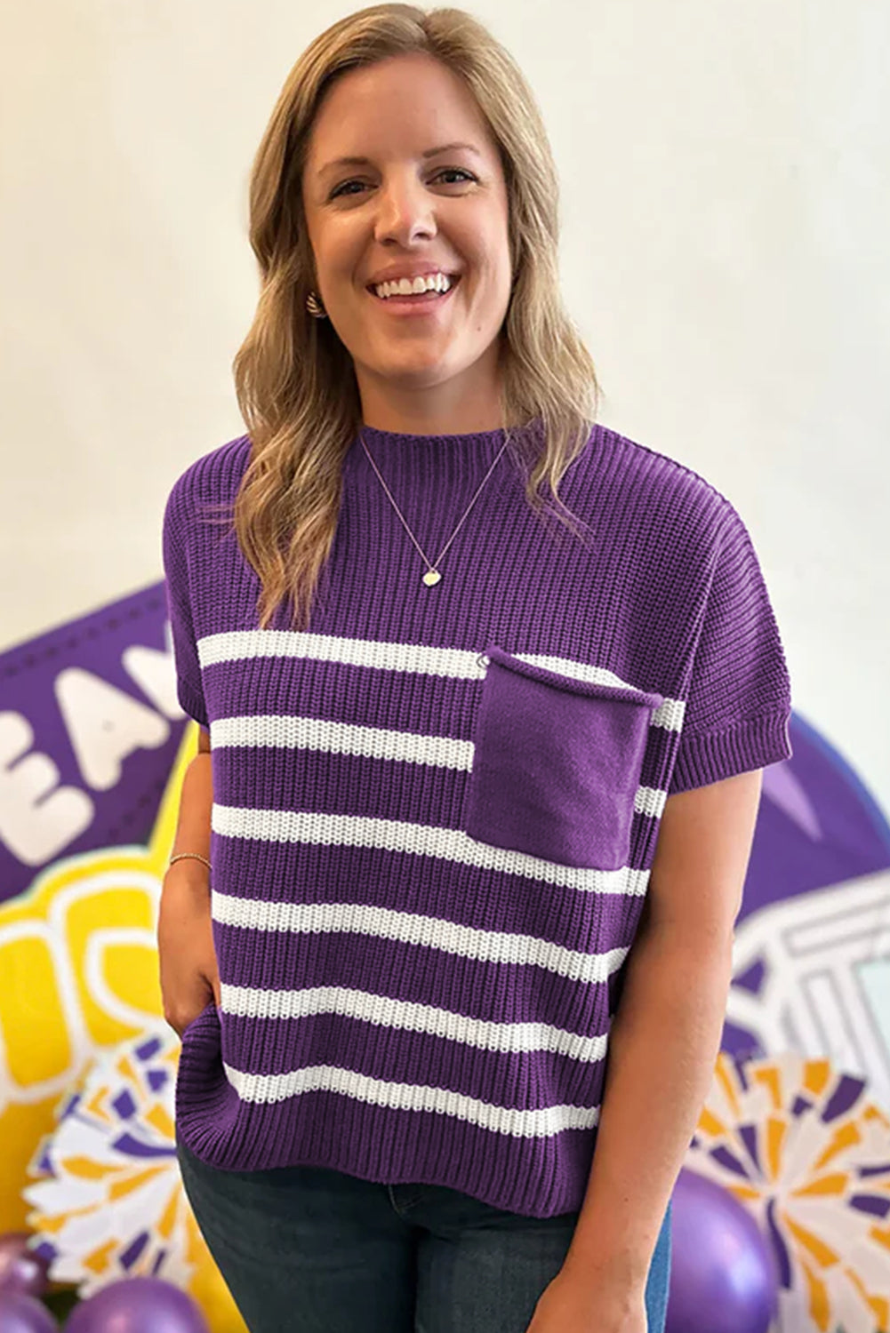 Purple Stripe Raw Edge Patched Pocket Short Sleeve Knit Sweater