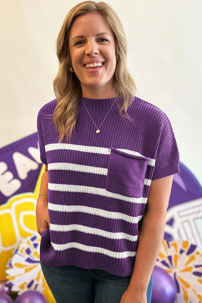 Purple Stripe Raw Edge Patched Pocket Short Sleeve Knit Sweater