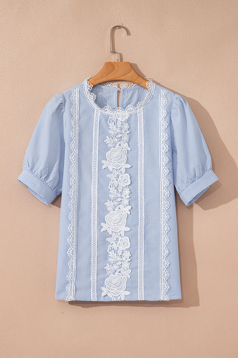 Sky Blue Stripe Floral Lace Splicing Puff Sleeve Blouse