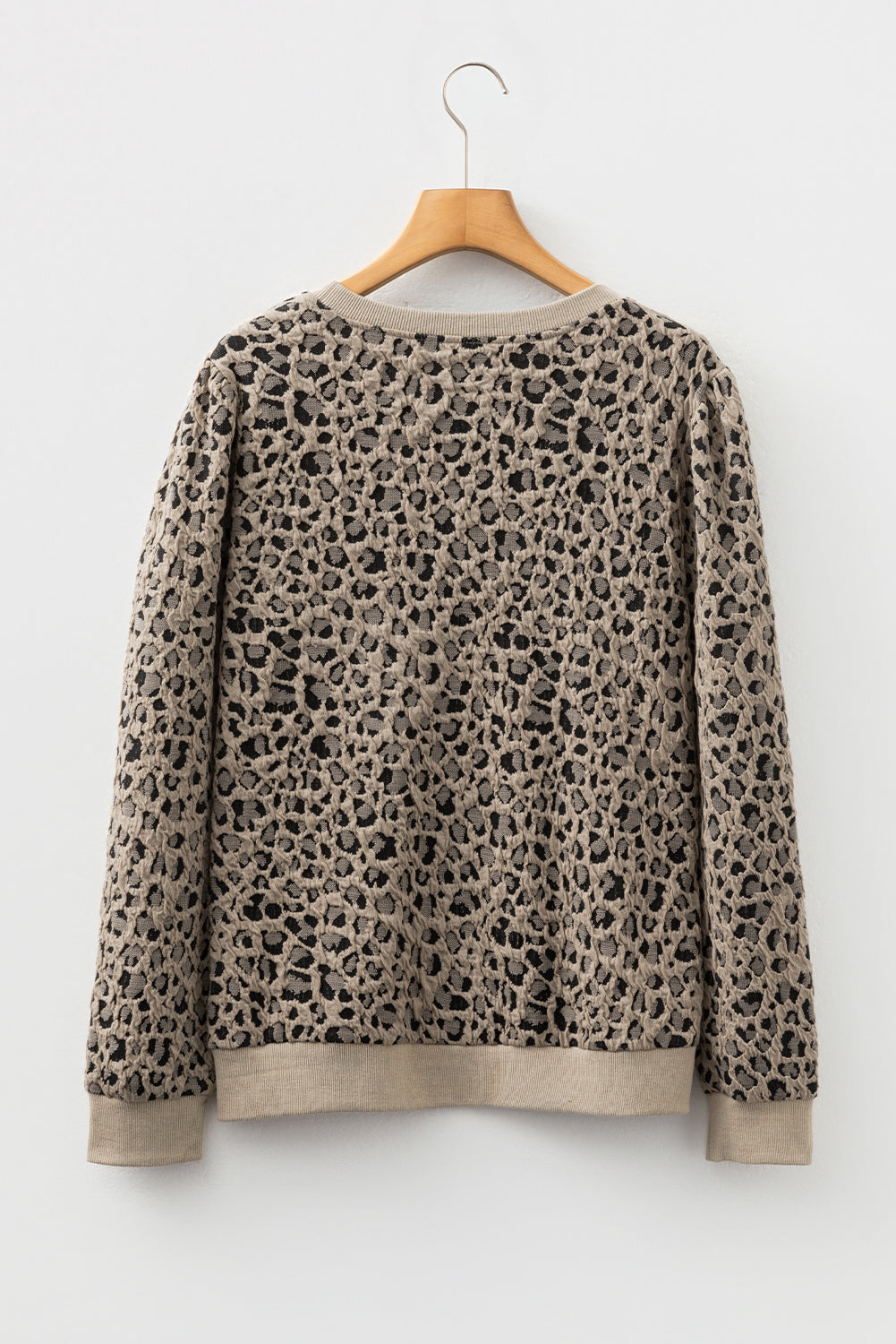 Khaki Ribbed Trim Leopard Print Long Sleeve Top