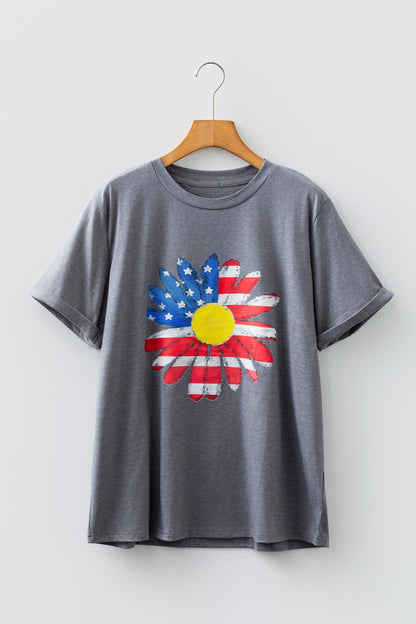 Gray Flag Pattern Sunflower Graphic Crew Neck Tee