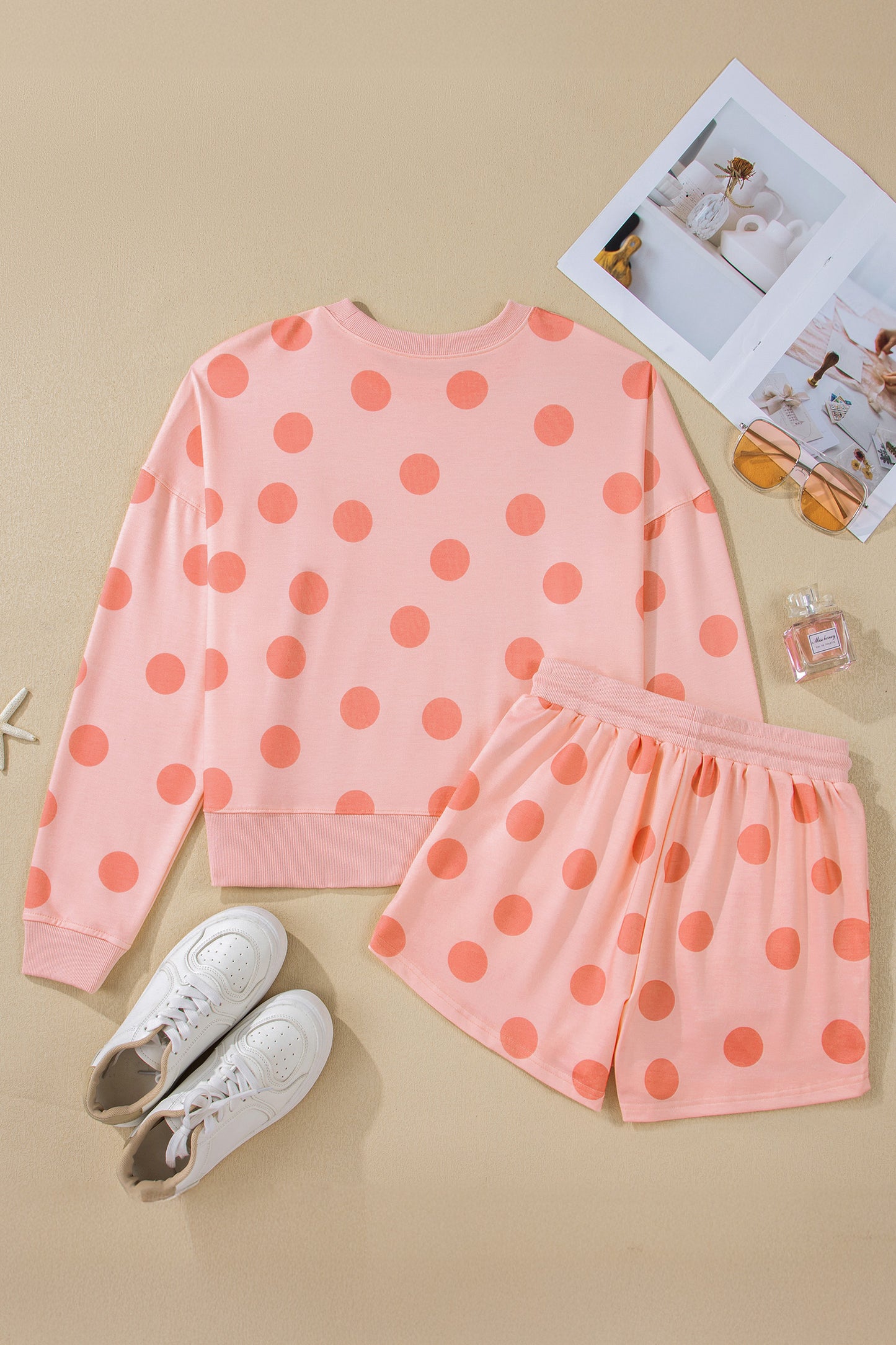 Beige Polka Dot Print Drop Shoulder Pullover Drawstring Shorts Set