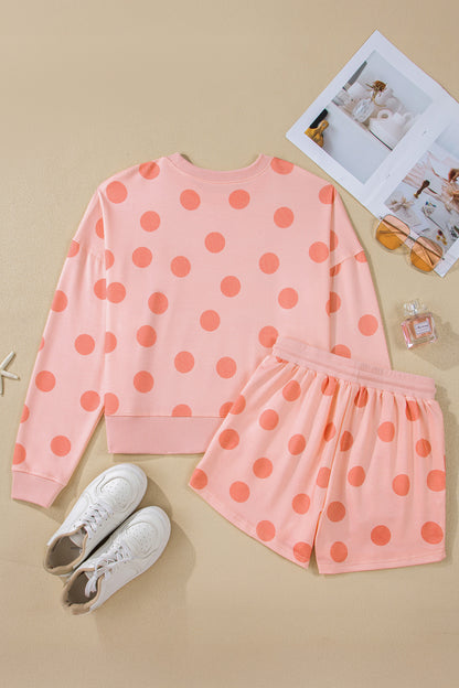 Beige Polka Dot Print Drop Shoulder Pullover Drawstring Shorts Set