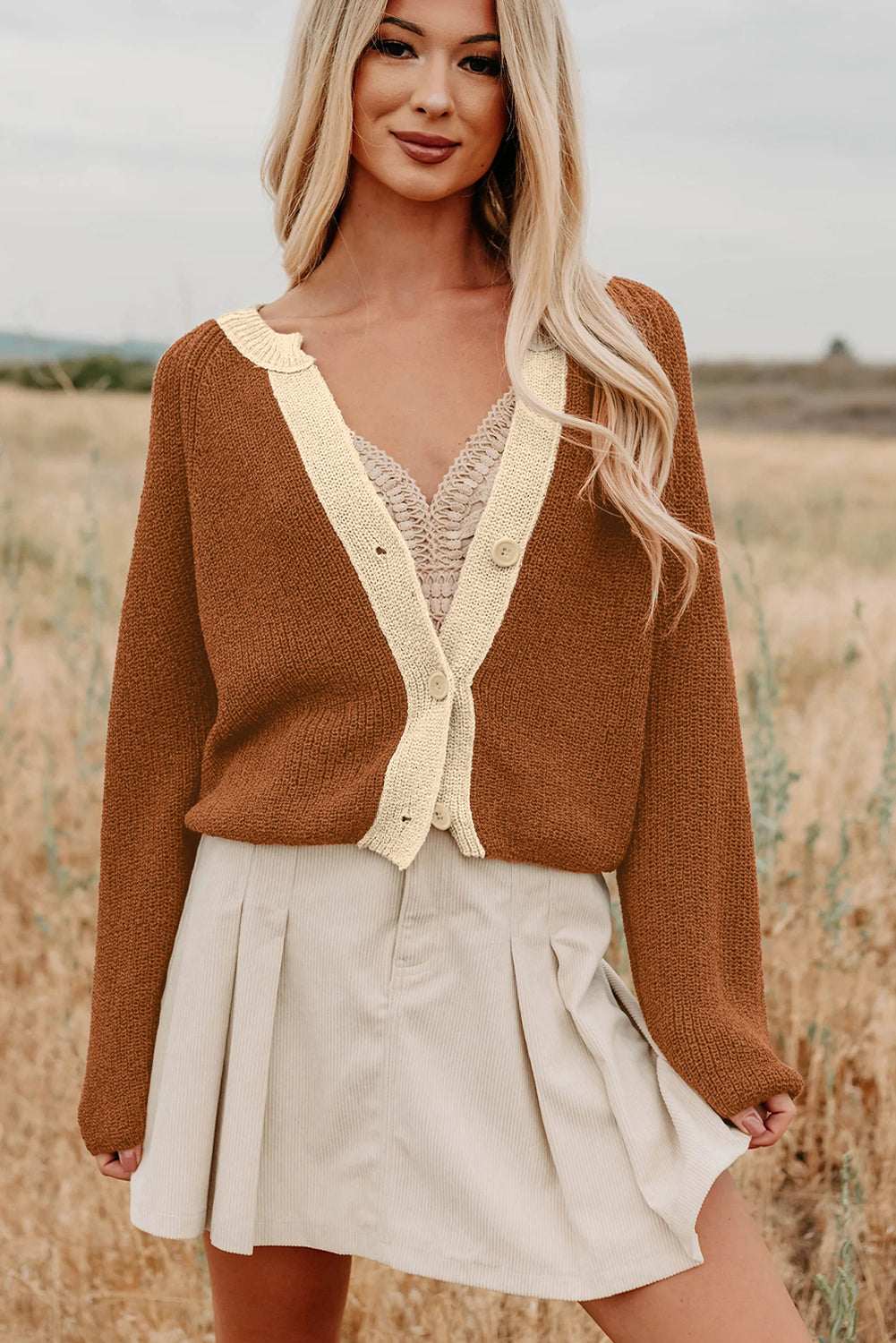 Chestnut Contrast Knit V Neckline Short Cardigan